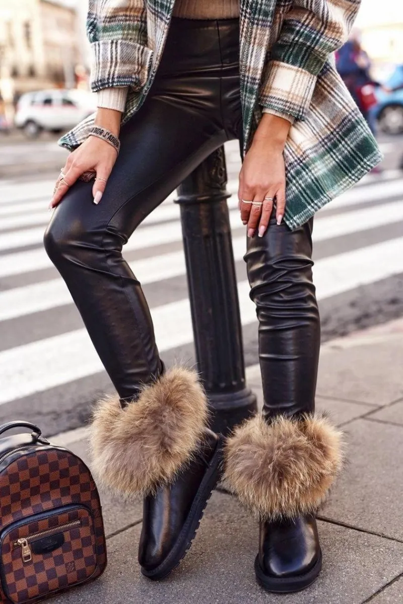 Śniegowce Damskie>Boto Damskie Skórzane Śniegowce Z Futerkiem Lakierowane Czarne Alexa