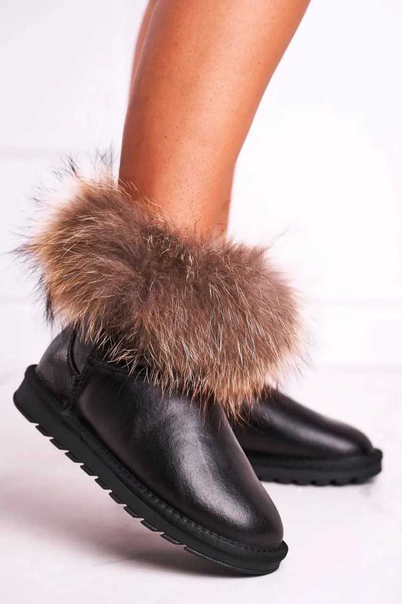 Śniegowce Damskie>Boto Damskie Skórzane Śniegowce Z Futerkiem Lakierowane Czarne Alexa