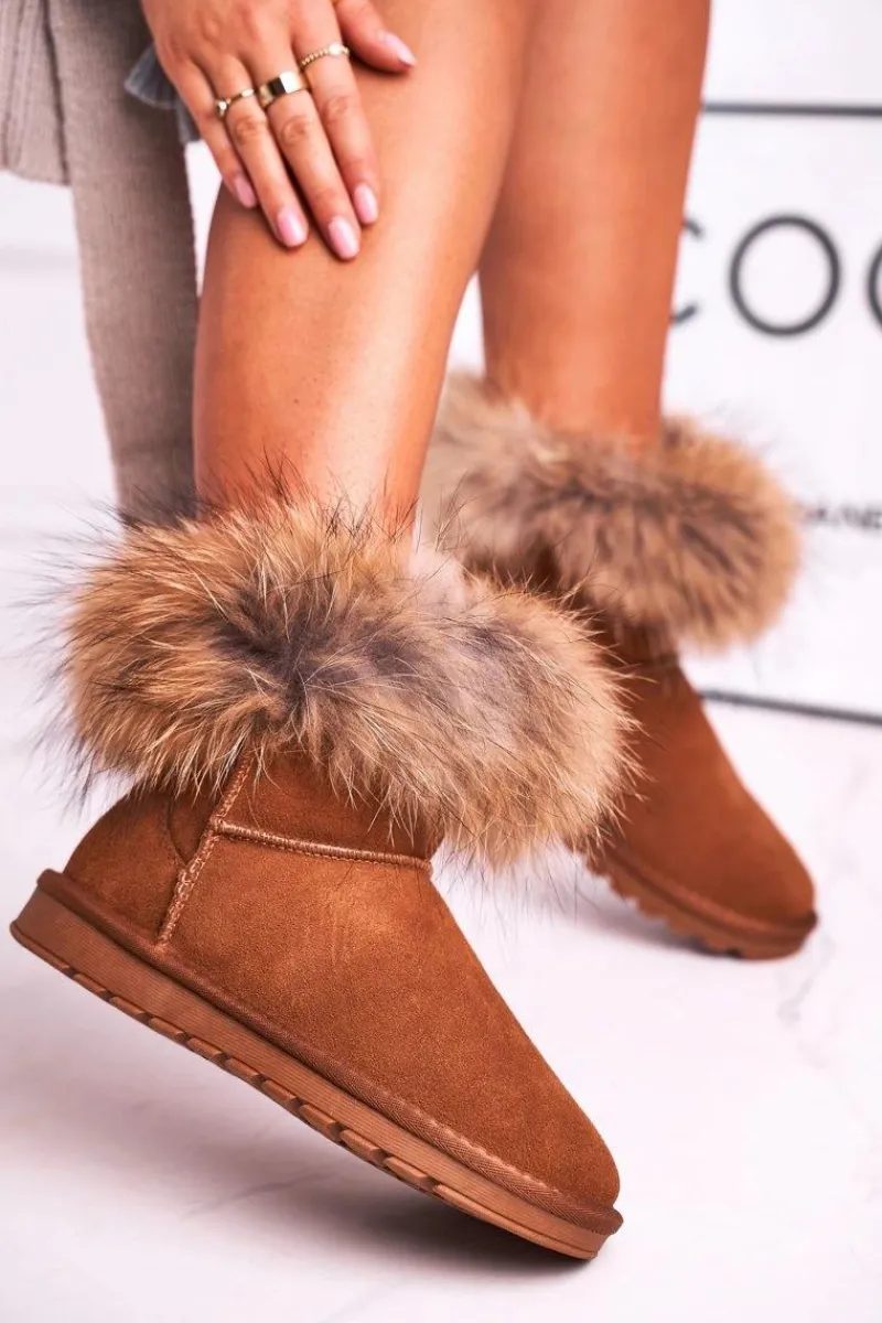 Śniegowce Damskie>Boto Damskie Skórzane Śniegowce Z Futerkiem Camel Alexa Brązowy