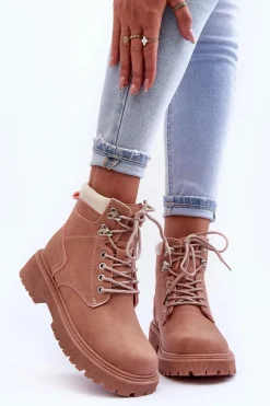 Damskie Trapery|Botki Sznurowane></noscript>Boto Damskie Skórzane Ocieplane Trapery Różowe Poles