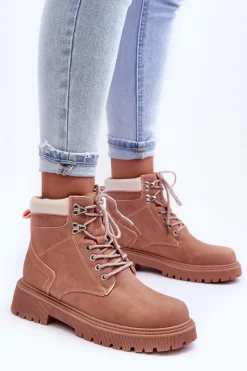 Damskie Trapery|Botki Sznurowane></noscript>Boto Damskie Skórzane Ocieplane Trapery Różowe Poles