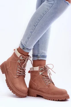 Damskie Trapery|Botki Sznurowane></noscript>Boto Damskie Skórzane Ocieplane Trapery Różowe Poles