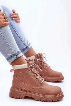 Damskie Trapery|Botki Sznurowane></noscript>Boto Damskie Skórzane Ocieplane Trapery Różowe Poles