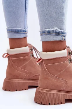 Damskie Trapery|Botki Sznurowane></noscript>Boto Damskie Skórzane Ocieplane Trapery Różowe Poles