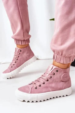 Best Damskie Skórzane Ocieplane Trampki Big Star EE274113 Różowe Damskie Trampki Ocieplane|Trampki Damskie Big Star