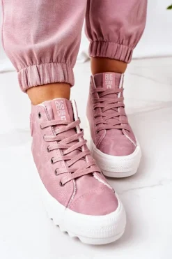Best Damskie Skórzane Ocieplane Trampki Big Star EE274113 Różowe Damskie Trampki Ocieplane|Trampki Damskie Big Star