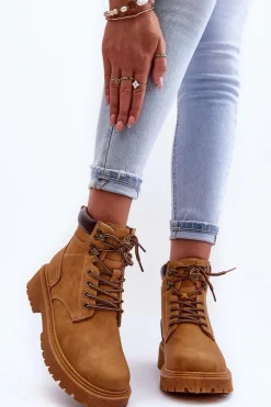 Sale Boto Damskie Skórzane Ocieplane Trapery Brązowe Poles