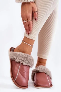 Sale Damskie Skórzane Papcie Z Futerkiem Ciemnoróżowe Rossa Damskie Kapcie Klasyczne