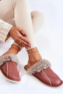 Sale Damskie Skórzane Papcie Z Futerkiem Ciemnoróżowe Rossa Damskie Kapcie Klasyczne