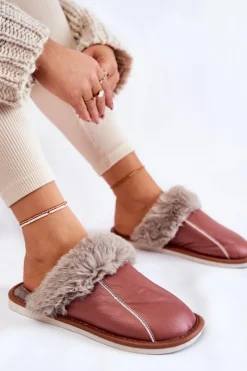 Sale Damskie Skórzane Papcie Z Futerkiem Ciemnoróżowe Rossa Damskie Kapcie Klasyczne