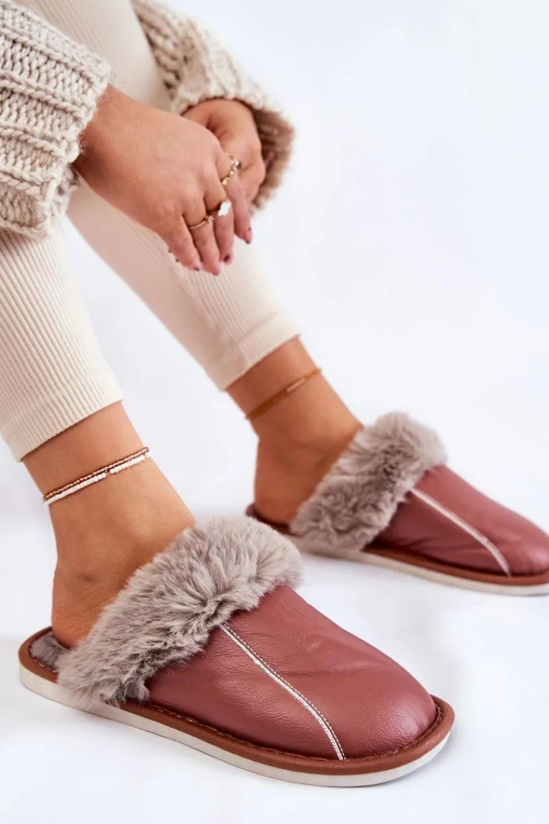 Sale Damskie Skórzane Papcie Z Futerkiem Ciemnoróżowe Rossa Damskie Kapcie Klasyczne