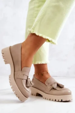 Clearance Damskie Skórzane Półbuty Frędzle 05497-04 Beżowe Damskie Półbuty Skórzane|Mokasyny Damskie Skórzane