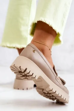 Clearance Damskie Skórzane Półbuty Frędzle 05497-04 Beżowe Damskie Półbuty Skórzane|Mokasyny Damskie Skórzane
