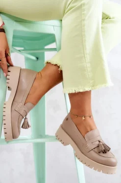 Clearance Damskie Skórzane Półbuty Frędzle 05497-04 Beżowe Damskie Półbuty Skórzane|Mokasyny Damskie Skórzane