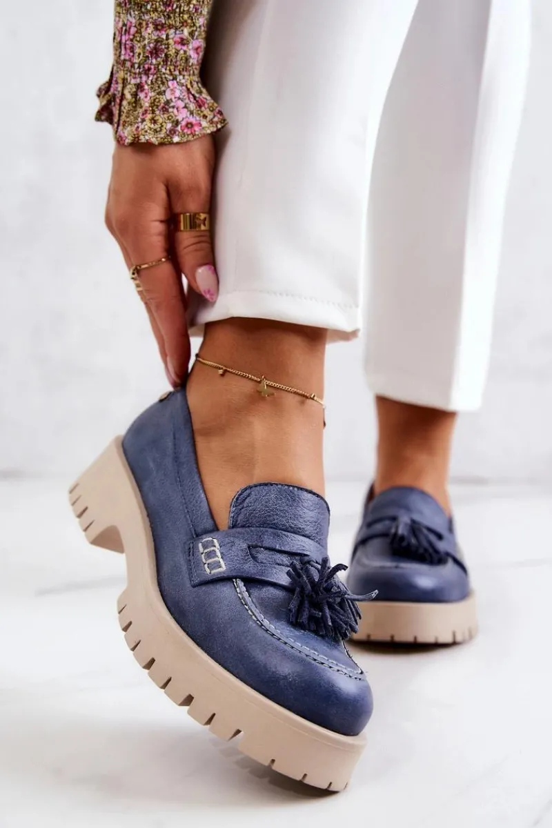 Discount Maciejka Damskie Skórzane Półbuty Frędzle 05497-17 Niebieskie