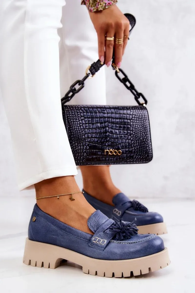 Discount Maciejka Damskie Skórzane Półbuty Frędzle 05497-17 Niebieskie