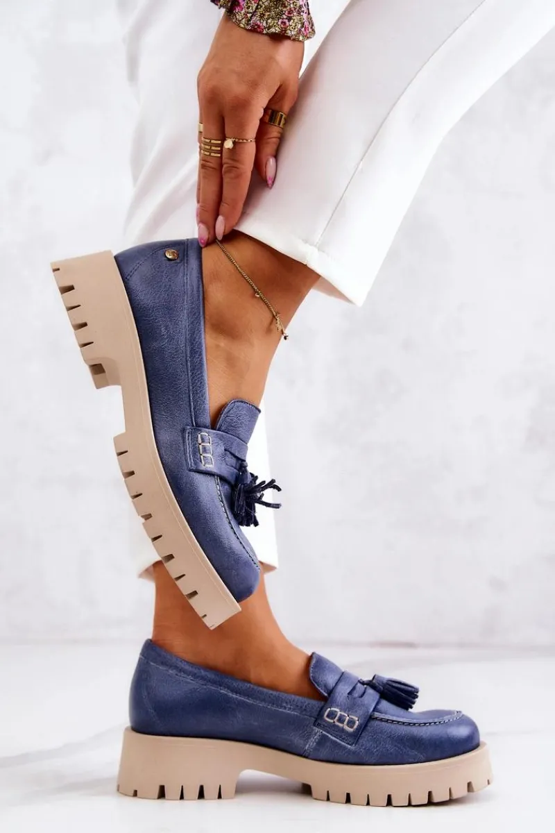 Discount Maciejka Damskie Skórzane Półbuty Frędzle 05497-17 Niebieskie