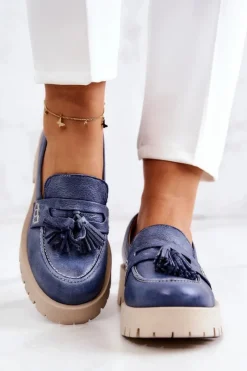 Discount Maciejka Damskie Skórzane Półbuty Frędzle 05497-17 Niebieskie