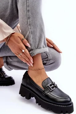 Półbuty Skórzane>Laura Messi Damskie Skórzane Półbuty Loafersy Z Ozdobą 2699 Czarne Czarny