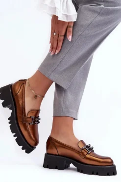 New Laura Messi Damskie Skórzane Półbuty Loafersy Z Ozdobą 2699 Złote Złoty
