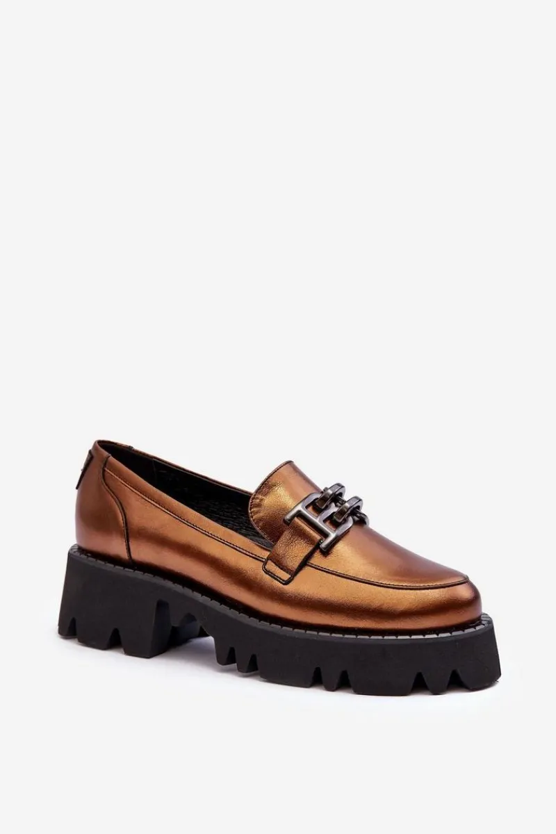 New Laura Messi Damskie Skórzane Półbuty Loafersy Z Ozdobą 2699 Złote Złoty