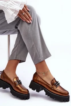 New Laura Messi Damskie Skórzane Półbuty Loafersy Z Ozdobą 2699 Złote Złoty