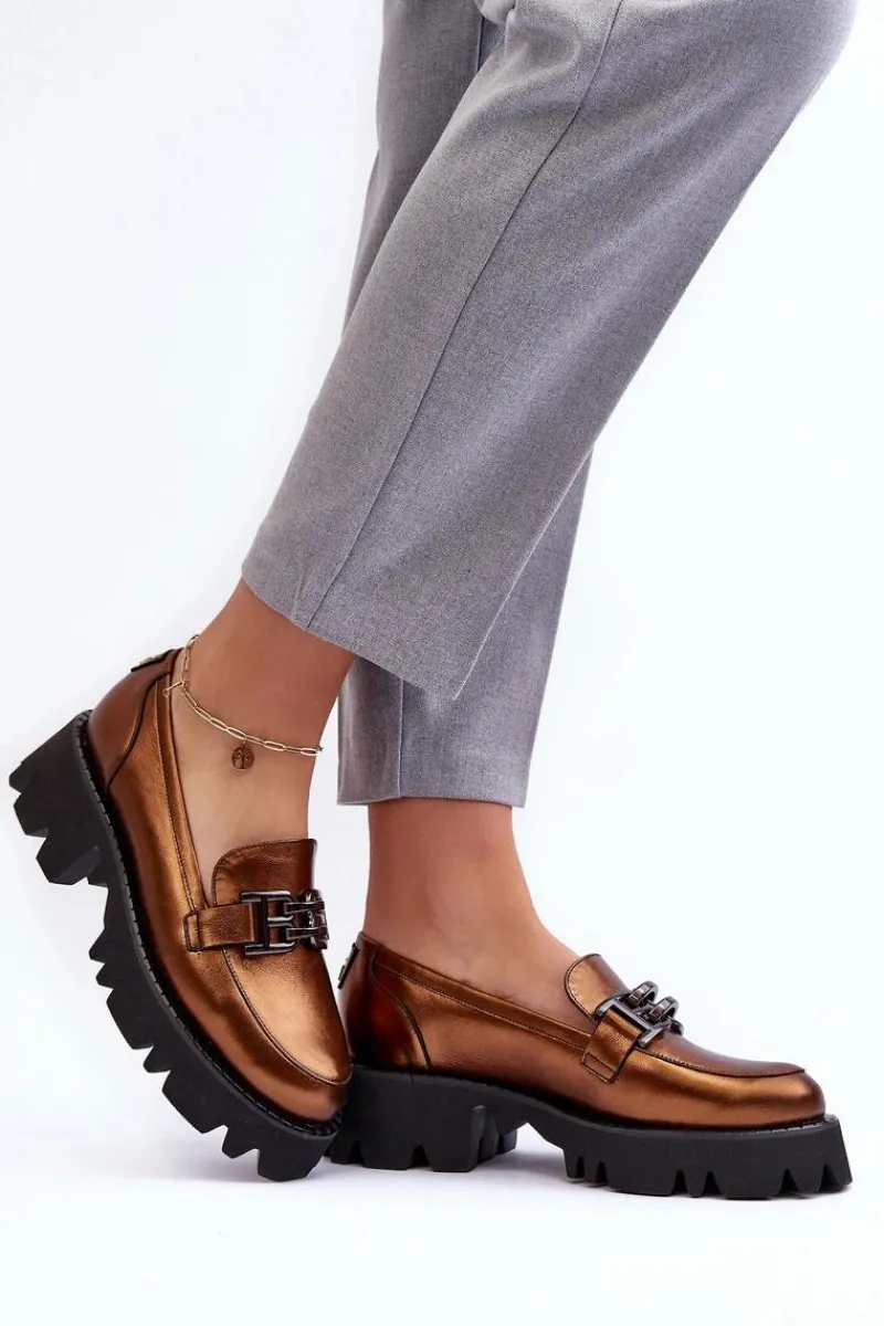 New Laura Messi Damskie Skórzane Półbuty Loafersy Z Ozdobą 2699 Złote Złoty