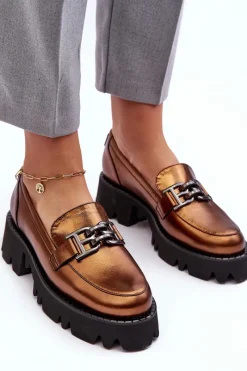 New Laura Messi Damskie Skórzane Półbuty Loafersy Z Ozdobą 2699 Złote Złoty