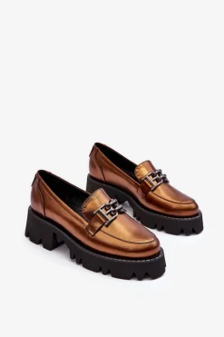 New Laura Messi Damskie Skórzane Półbuty Loafersy Z Ozdobą 2699 Złote Złoty