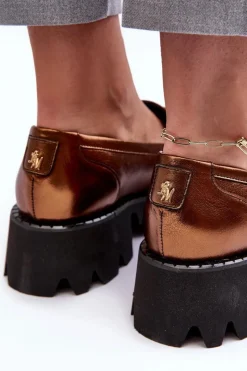 New Laura Messi Damskie Skórzane Półbuty Loafersy Z Ozdobą 2699 Złote Złoty