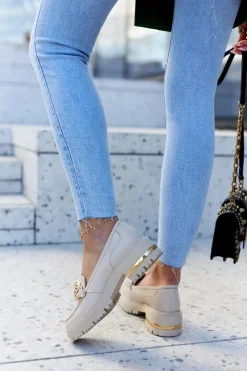 Discount Boto Damskie Skórzane Półbuty Loafery Beżowe Mollie