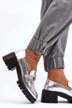 Clearance Boto Damskie Skórzane Półbuty Na Masywnym Obcasie Srebrne Lemmitty Srebrny