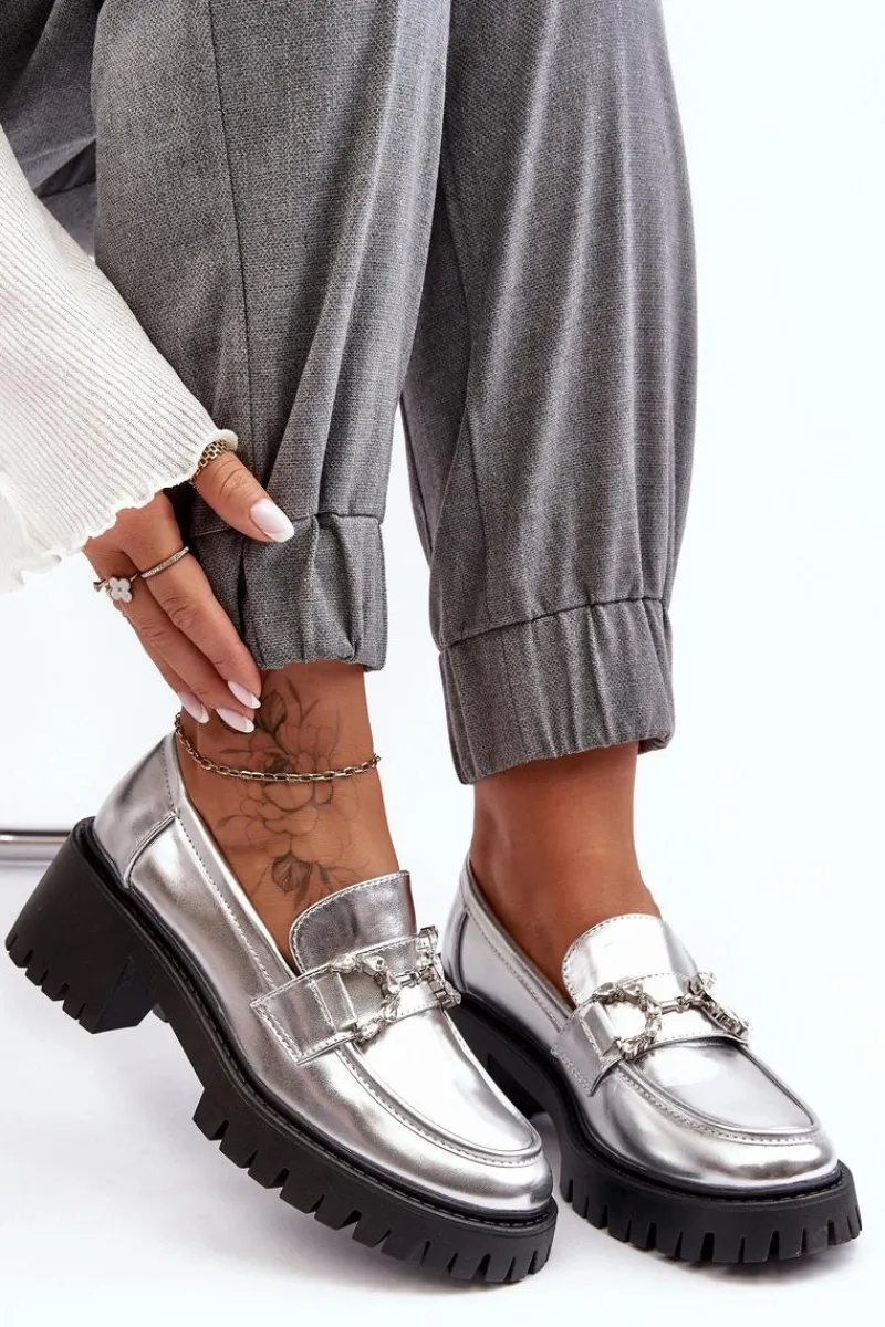 Clearance Boto Damskie Skórzane Półbuty Na Masywnym Obcasie Srebrne Lemmitty Srebrny