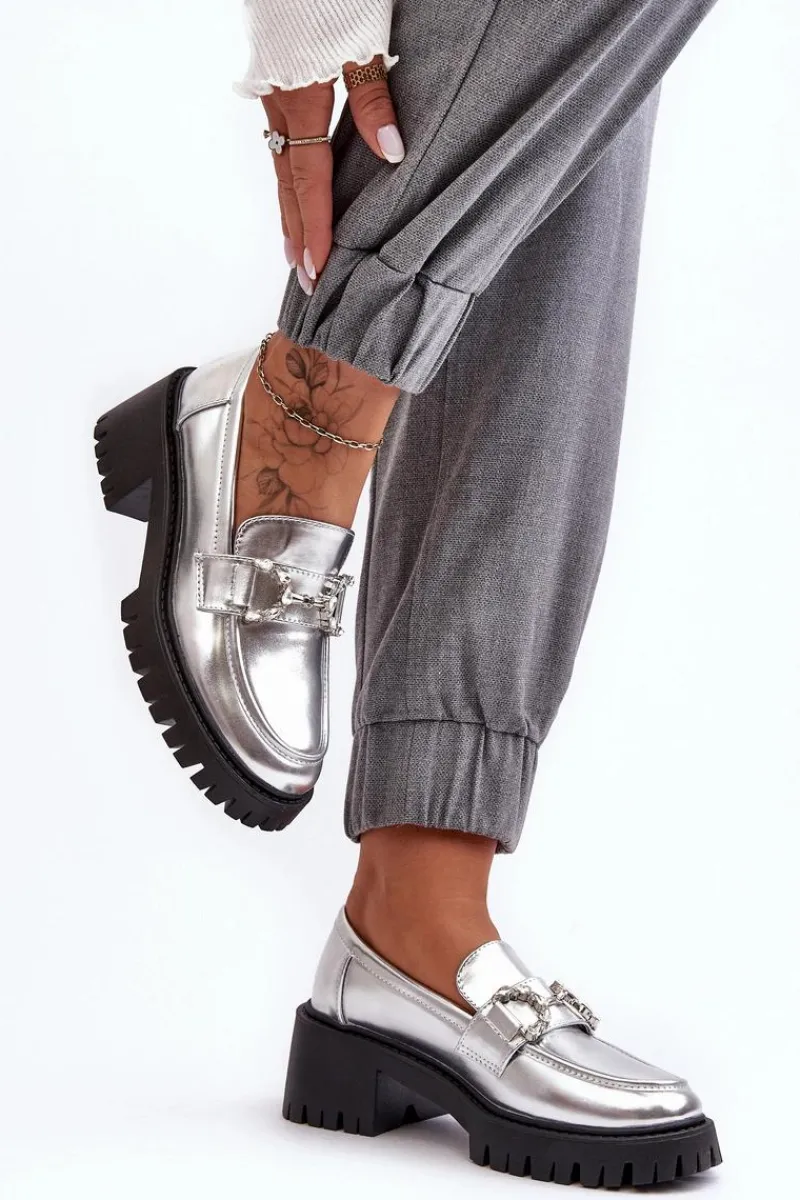 Clearance Boto Damskie Skórzane Półbuty Na Masywnym Obcasie Srebrne Lemmitty Srebrny