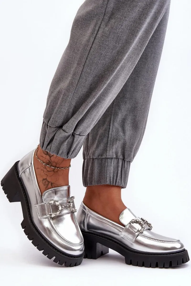 Clearance Boto Damskie Skórzane Półbuty Na Masywnym Obcasie Srebrne Lemmitty Srebrny