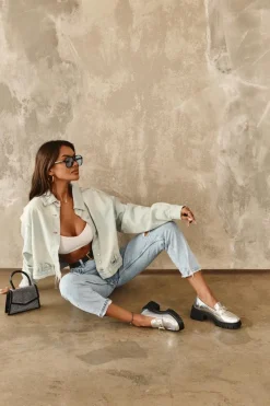 Clearance Boto Damskie Skórzane Półbuty Na Masywnym Obcasie Srebrne Lemmitty Srebrny