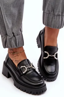 Online Damskie Skórzane Półbuty Na Masywnym Obcasie Czarne Lemmitty Damskie Mokasyny Damskie Lakierowane