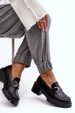 Online Damskie Skórzane Półbuty Na Masywnym Obcasie Czarne Lemmitty Damskie Mokasyny Damskie Lakierowane