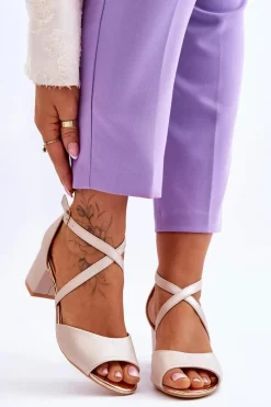 New Damskie Skórzane Sandałki Na Niskim Obcasie Złote Quinn Damskie Sandały Na Obcasie