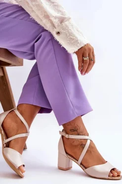 New Damskie Skórzane Sandałki Na Niskim Obcasie Złote Quinn Damskie Sandały Na Obcasie