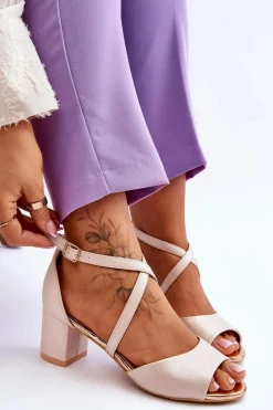 New Damskie Skórzane Sandałki Na Niskim Obcasie Złote Quinn Damskie Sandały Na Obcasie