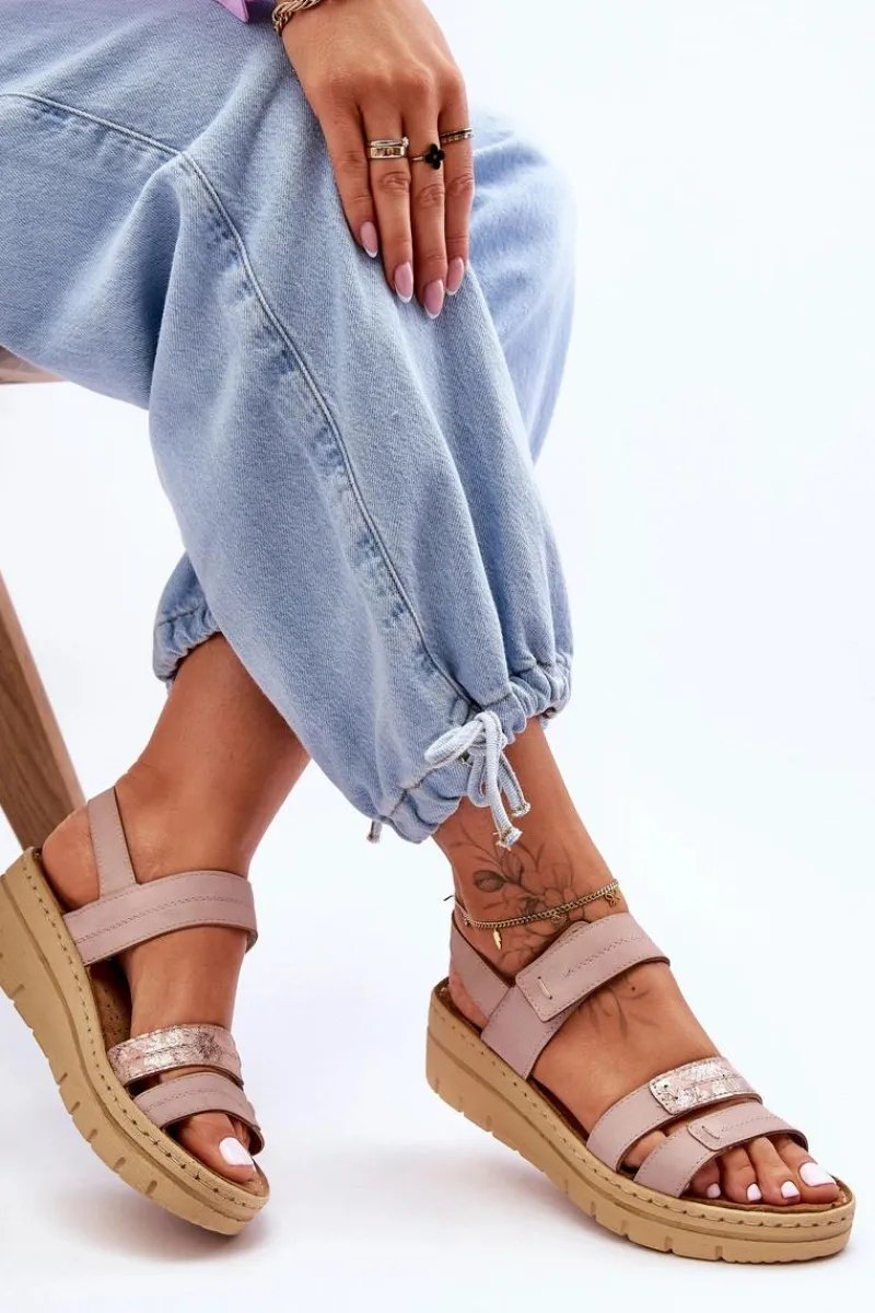 Damskie Skórzane Sandałki Na Rzep Różowe Fresh Look Damskie Sandały Na Koturnie