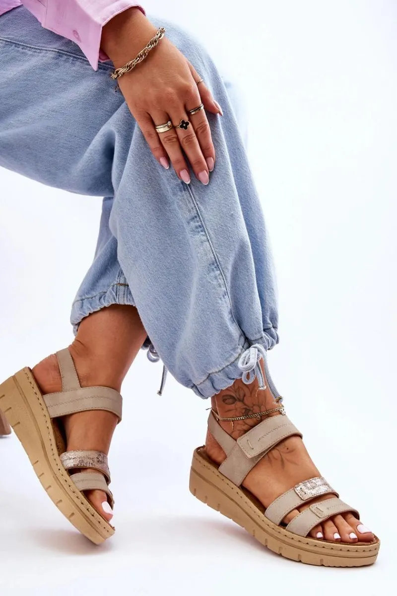 Sandały Na Koturnie>Buty damskie Vinceza Damskie Skórzane Sandałki Na Rzep Beżowe Fresh Look Beżowy