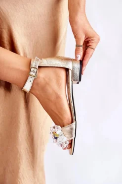 Discount Damskie Skórzane Sandałki Na Płaskim Obcasie Złote Morlee Damskie Sandały Na Obcasie