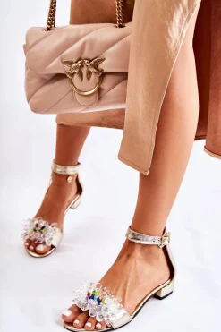 Discount Damskie Skórzane Sandałki Na Płaskim Obcasie Złote Morlee Damskie Sandały Na Obcasie