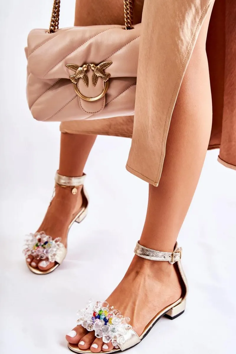 Discount Damskie Skórzane Sandałki Na Płaskim Obcasie Złote Morlee Damskie Sandały Na Obcasie