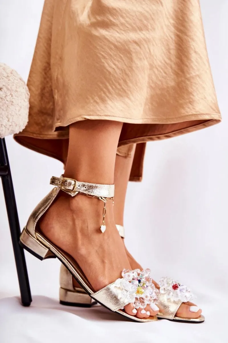 Discount Damskie Skórzane Sandałki Na Płaskim Obcasie Złote Morlee Damskie Sandały Na Obcasie