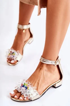 Discount Damskie Skórzane Sandałki Na Płaskim Obcasie Złote Morlee Damskie Sandały Na Obcasie