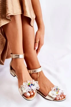 Discount Damskie Skórzane Sandałki Na Płaskim Obcasie Złote Morlee Damskie Sandały Na Obcasie