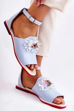 Sandały Płaskie>Boto Damskie Skórzane Sandałki Z Ozdobą Niebieskie Nevassa